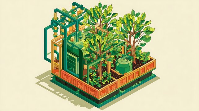 Vertical garden in a colorful geometric planter box with various green plants on a white background