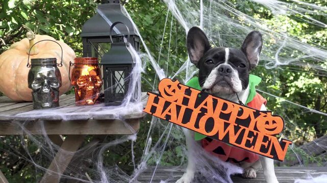 Cute dog in a festive costume sits with Halloween decorations. Black lanterns, skull candles, spider webs and pumpkin. Symbolizes Halloween fun. Ideal for holiday and pet content