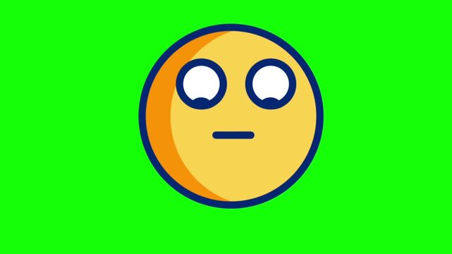 Yellow emoji character with moving eyes rolling up and sideways on bright green chroma key background