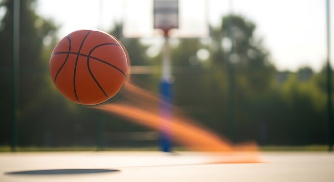 Dynamic orange basketball captured mid-air with vibrant motion blur as it bounces on an outdoor court, symbolizing active play and athletic energy