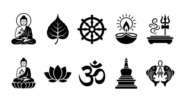 Black and white vector set of authentic buddhist symbols and icons for spiritual or cultural branding projects