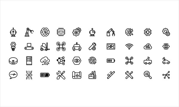Set robotics industry icons. Set with robot and bot technology, artificial intelligence AI, equipment, engineering, automated machinery. Editable stroke. Vector illustration