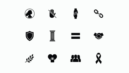 Naklejka premium Collection of black and white icons representing diverse symbols of human values and concepts on plain background