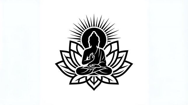 Black and white illustration of buddha meditating in stylized lotus flower with sunburst rays