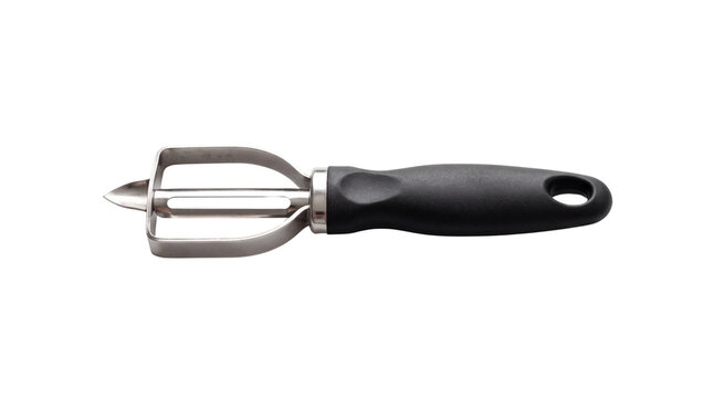 Stainless steel vegetable peeler with ergonomic black handle, professional kitchen swivel peeler for potatoes and carrots, durable metal food scraper isolated PNG with Transparent Background
