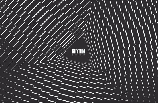 Abstract lines form a dynamic pattern. Triangles radiate inward in precise, repeating lines. Geometry with structure, focus, and technological flow. A tunnel of optical illusion. Black and white.