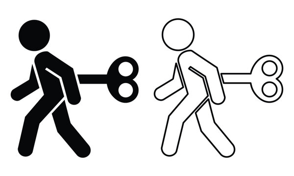 Minimalist black and white icons of stick figures with wind-up keys walking to show routine and lack of energy in bright studio.