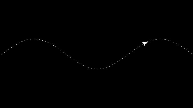 White arrow moving along a dashed sine wave path on a black background