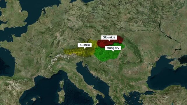 Austria, slovakia and hungary map border animation showing european countries on satellite imagery