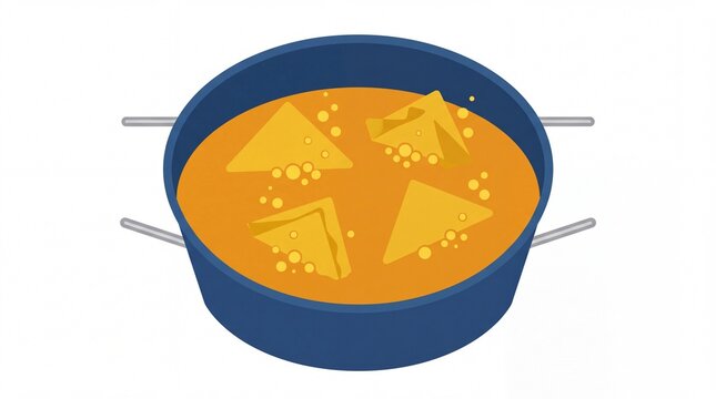 Flat illustration of samosas frying in a blue cooking pot