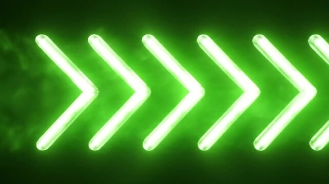 Bright green glowing chevron arrows on dark abstract background