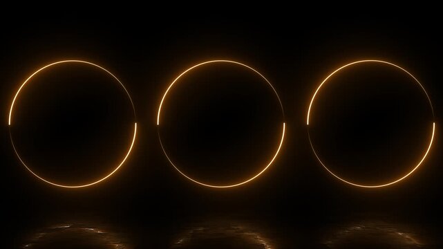 Glowing neon golden circles loop on dark reflective background for technology and sci-fi concepts. Seamless loop