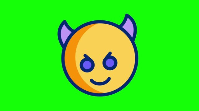 Animated devil emoji with horns smiling mischievously on green screen background chroma key