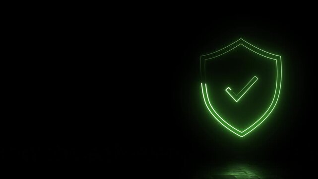 Neon green shield with checkmark digital security and protection with reflection on dark background, seamless loop