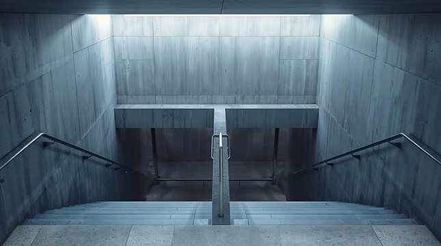 Modern elevator with metallic railings and closed doors