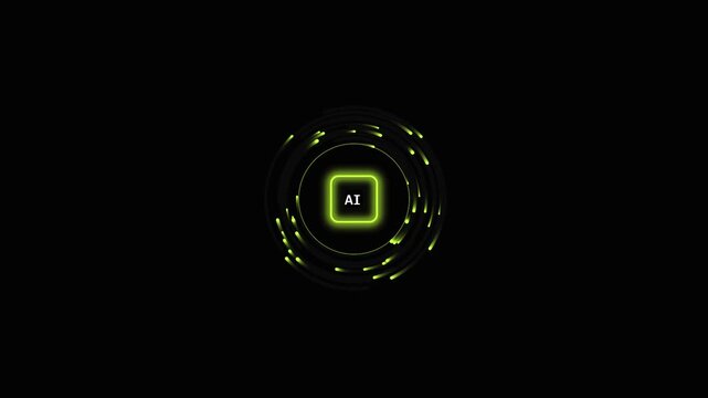 Artificial intelligence tech icon glowing with neon green light and animated particles rotating in a circle against a black background