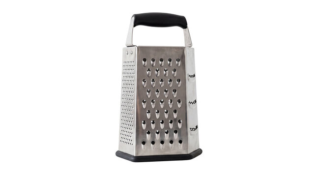 Stainless steel box grater with black handle, multi-purpose kitchen cheese grater for food preparation, metallic four-sided vegetable shredder isolated PNG with Transparent Background