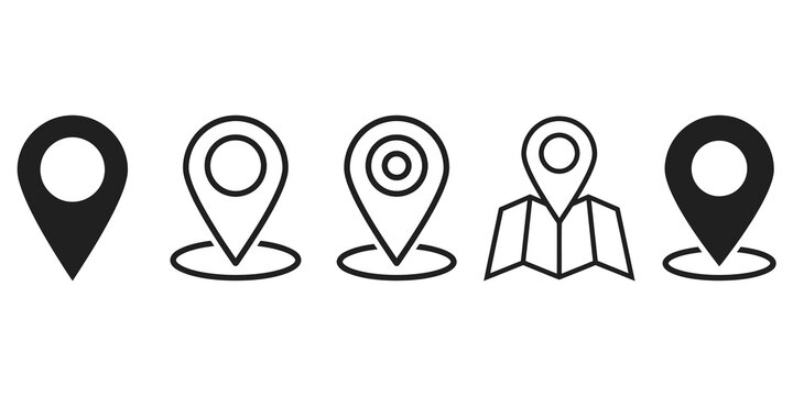 Set of black location and navigation map pin icons for website design and mobile applications.