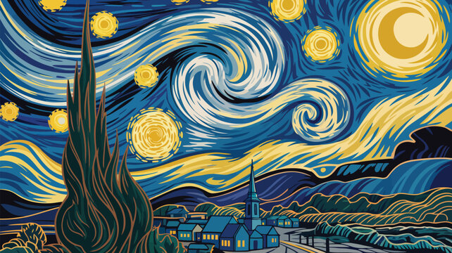 Stylized digital illustration of a starry night landscape with a cypress tree, a small village, and swirling clouds inspired by classic postimpressionist art