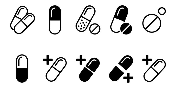 Medical pills and capsule icon set for pharmaceutical healthcare and medicine branding design projects.