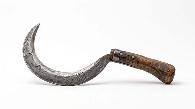 Vintage rusty sickle with wooden handle isolated on white background