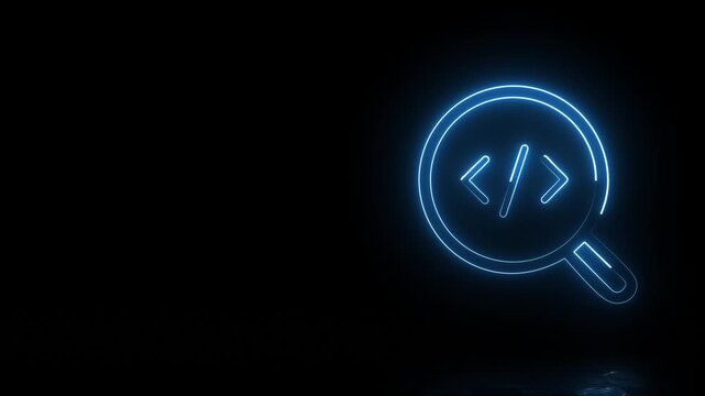 Neon code search icon with magnifying glass animation on reflection surface for programming and software concepts