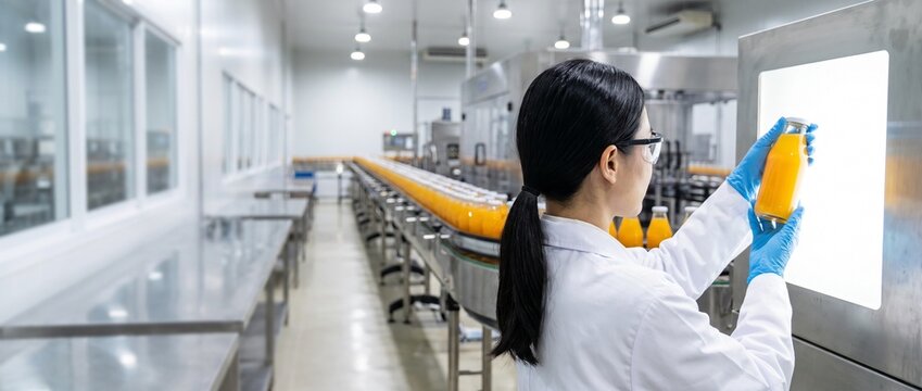 食品製造工場にて、白衣と保護眼鏡を着用した日本人女性作業員がコンベアベルトの生産ラインでオレンジジュース瓶の品質検査を行う様子
