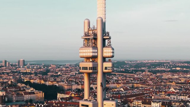 Aerial view of Zizkov Television Tower in Prague, Czechia.