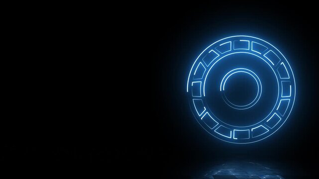 Blue neon gear animation loop with reflection on black background for digital technology and system operations