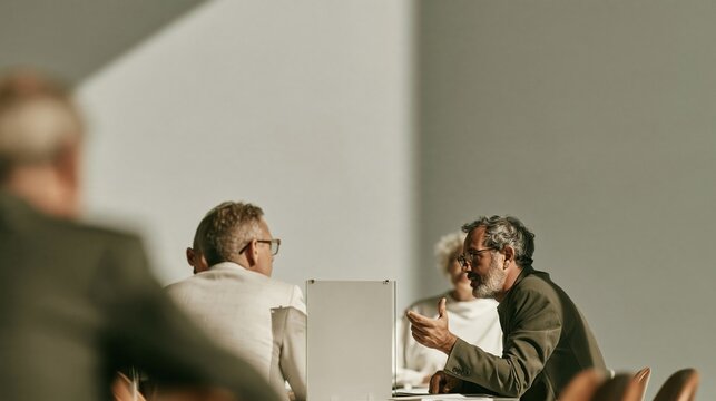 Translucent calendar panel in the foreground of a diverse business team discussing policy in a luminous, contemporary office for corporate planning