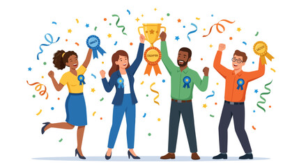 Fototapeta premium Diverse Team Celebrating Success with Trophy and Confetti