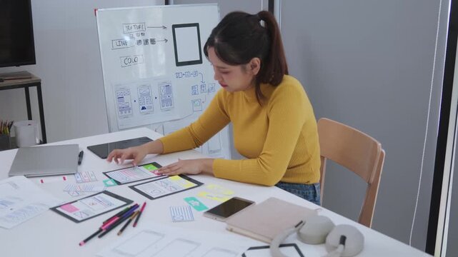 A young female designer in a yellow sweater sorts colorful wireframe cards and app prototype sketches on a white desk while a whiteboard filled with UI diagrams stands behind her in a bright modern