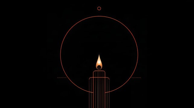 Abstract geometric line art candle flame with glowing halo circle overlay on black background for minimalist christmas poster