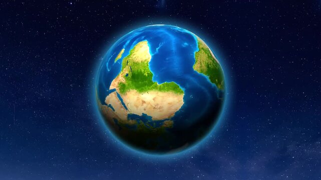 Three glowing planet Earth globes showing different hemispheres and continents against starry space background