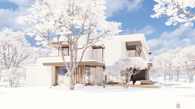 Panning 4K video of a contemporary luxury house exterior in winter with white facades, large glass windows, and a snowy landscape.