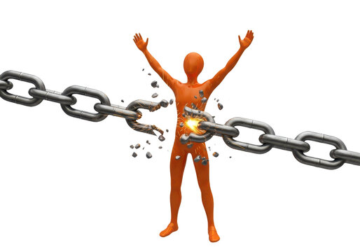 Orange man breaking metal chain isolated on transparent background