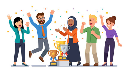 Fototapeta premium Diverse team celebrates victory, trophies and confetti, isolated on transparent background