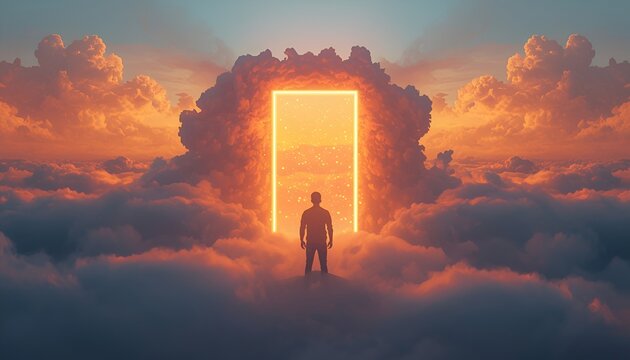 Man Facing a Glowing Orange Portal in a Vast Cloud Landscape, Surreal AI Digital Artwork Representing Creativity, Branding Identity, Strategic Decision Making and Futuristic Vision