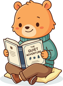 Cute bear sitting and reading a book on a pillow