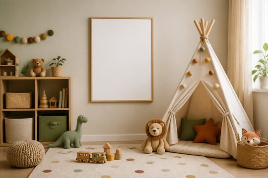 Children play area with teepee and toys in neutral nursery