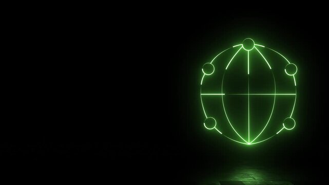 Digital globe icon with glowing green neon connections on dark background for global network and data transfer