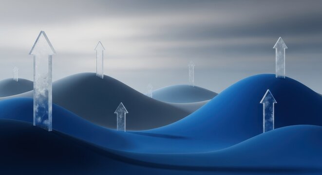 Abstract representation of growth with arrows over blue landscape