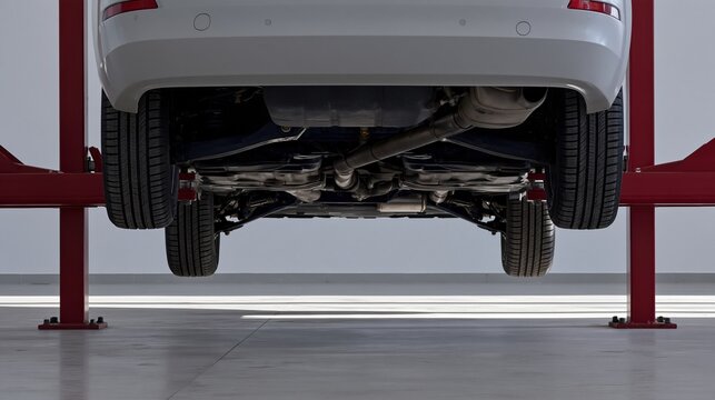 Car underbody raised on a red hydraulic lift, showing oily steel and rubber tires in a bright service center for repair training and inspection