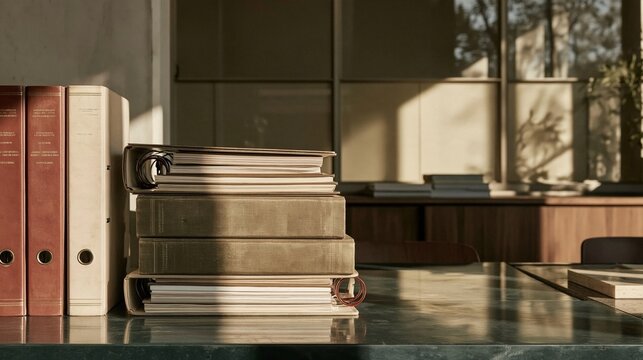 Ring binders stacked on a reflective teal desk with a matte patina and warm daylight for business records and legal documentation