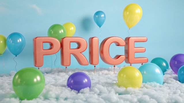 Colorful balloons and text representing price in festive setting