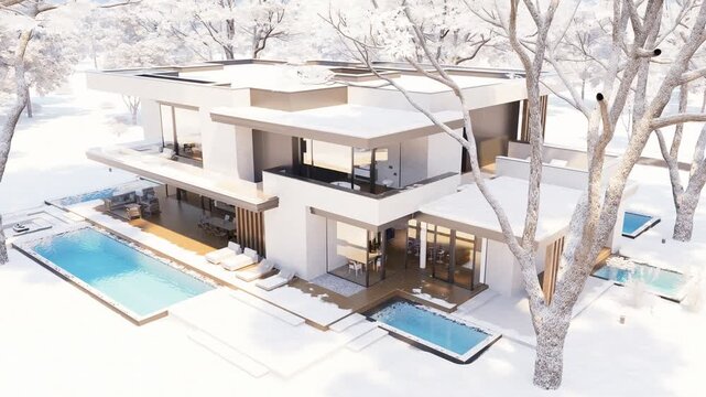 Panning 4K video of a contemporary luxury house exterior in winter with white facades, large glass windows, and a snowy landscape.