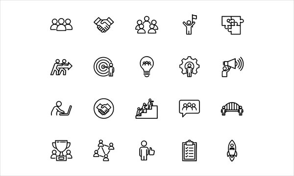 Set thin line icons related team, teamwork, co-workers, cooperation. Linear busines simple symbol collection. vector illustration. Editable stroke