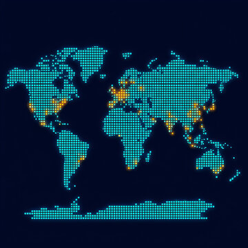 Abstract world map with glowing pixels and highlighted orange locations on dark blue background.