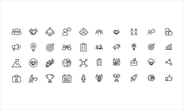 Set thin line icons related team, teamwork, co-workers, cooperation. Linear busines simple symbol collection. vector illustration. Editable stroke