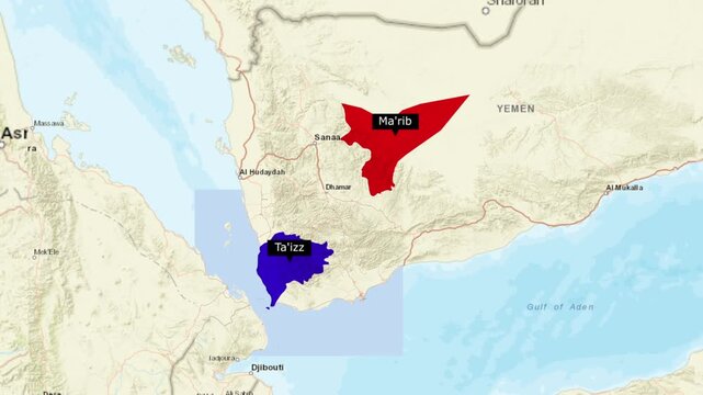 Marib and taiz highlighted in red and blue colors on a detailed map of yemen digital animation